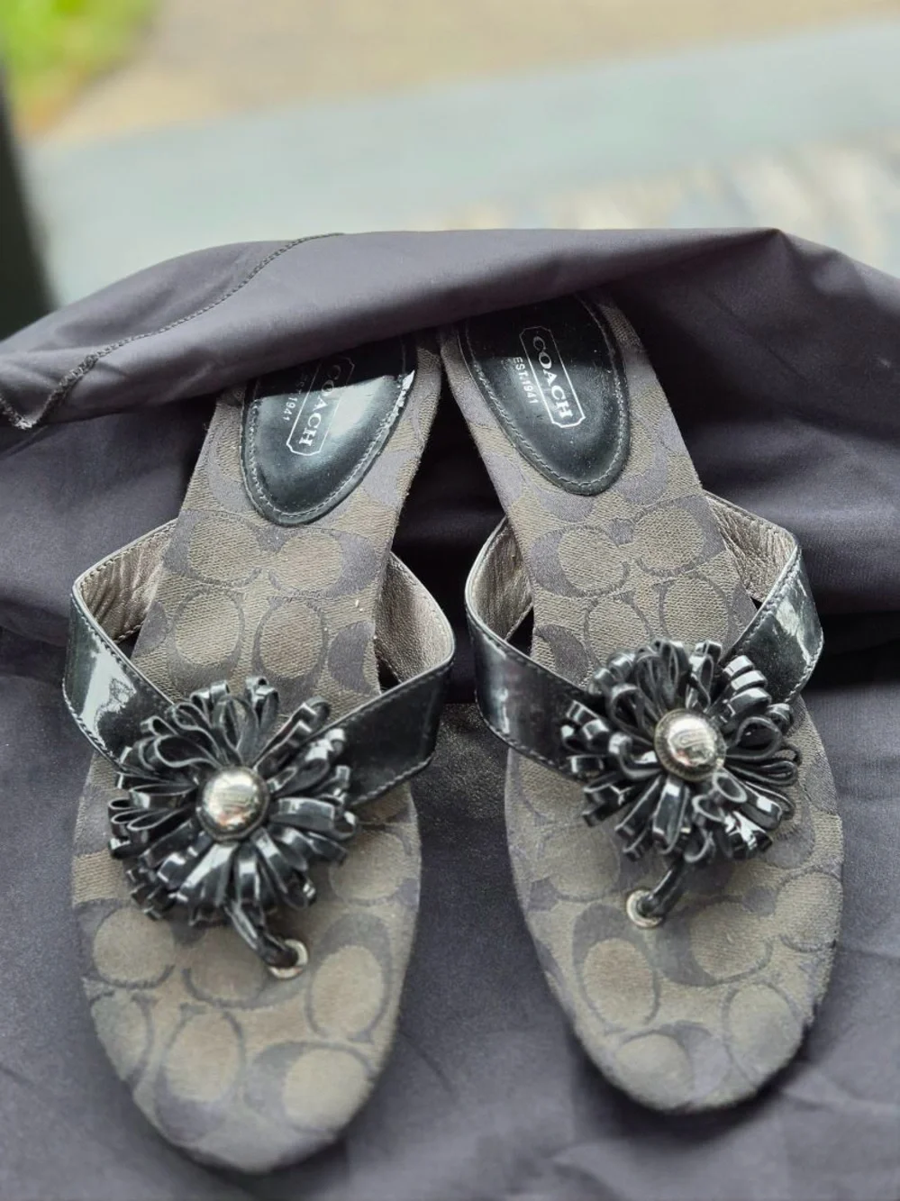 Coach Black Floral Applique Slip-On Sandals